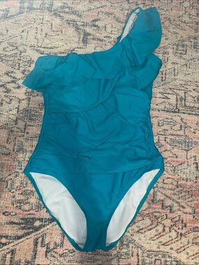 Ruffled One-Shoulder Teal One-Piece Swimsuit